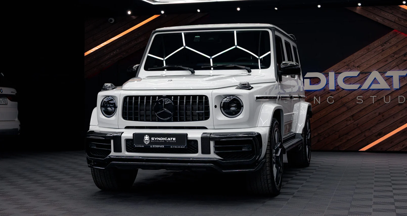 White Mercedes-Benz G63 W463 in Vladivostok upgraded with our body kit — installed by Syndicate Detailing Studio