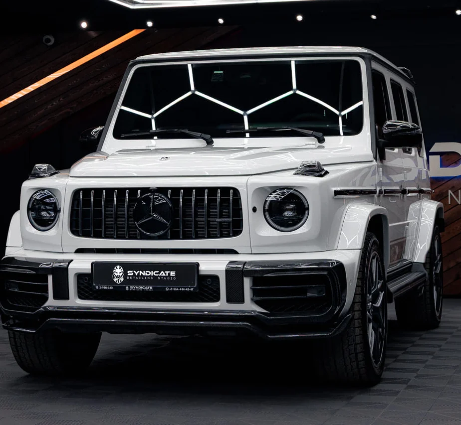 White Mercedes-Benz G63 W463 in Vladivostok upgraded with our body kit — installed by Syndicate Detailing Studio