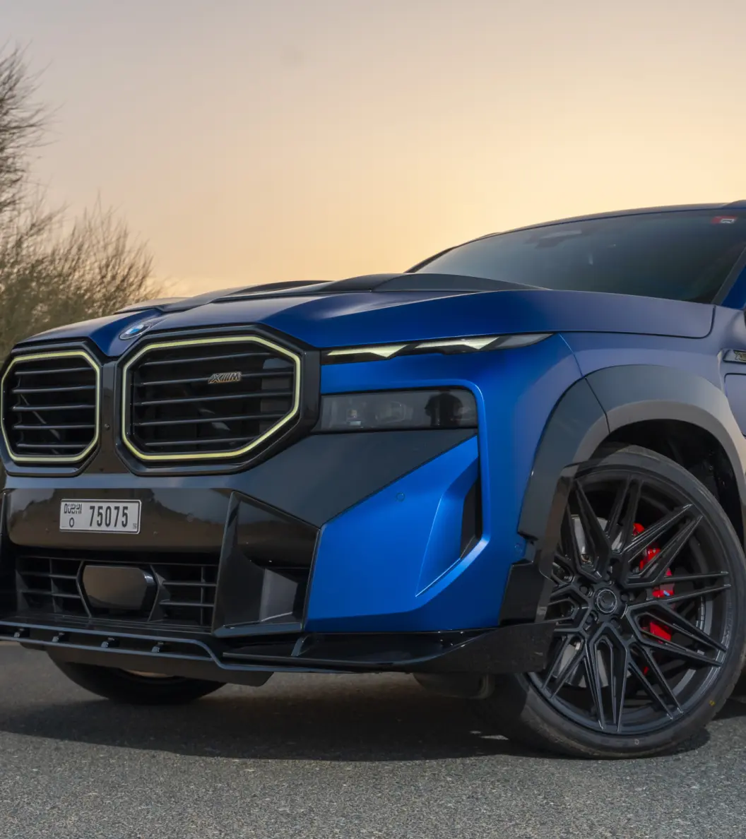 Matt blue BMW XM with gloss black kit from Dubai
